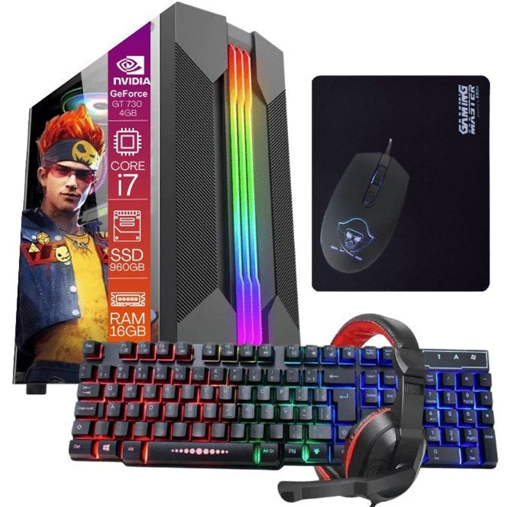 Computador PC Gamer Completo TOB Intel Core i7 SSD 960GB Memória 16GB VGA GT730 4GB Windows 10 Pro Trial + Teclado e Mouse + Mouse Pad + Headset