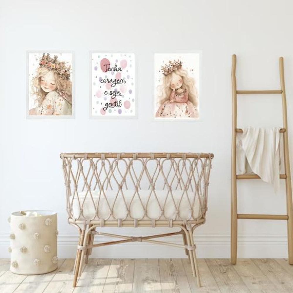 Kit 3 Quadros Infantis Princesa Tenha Coragem Seja Gentil