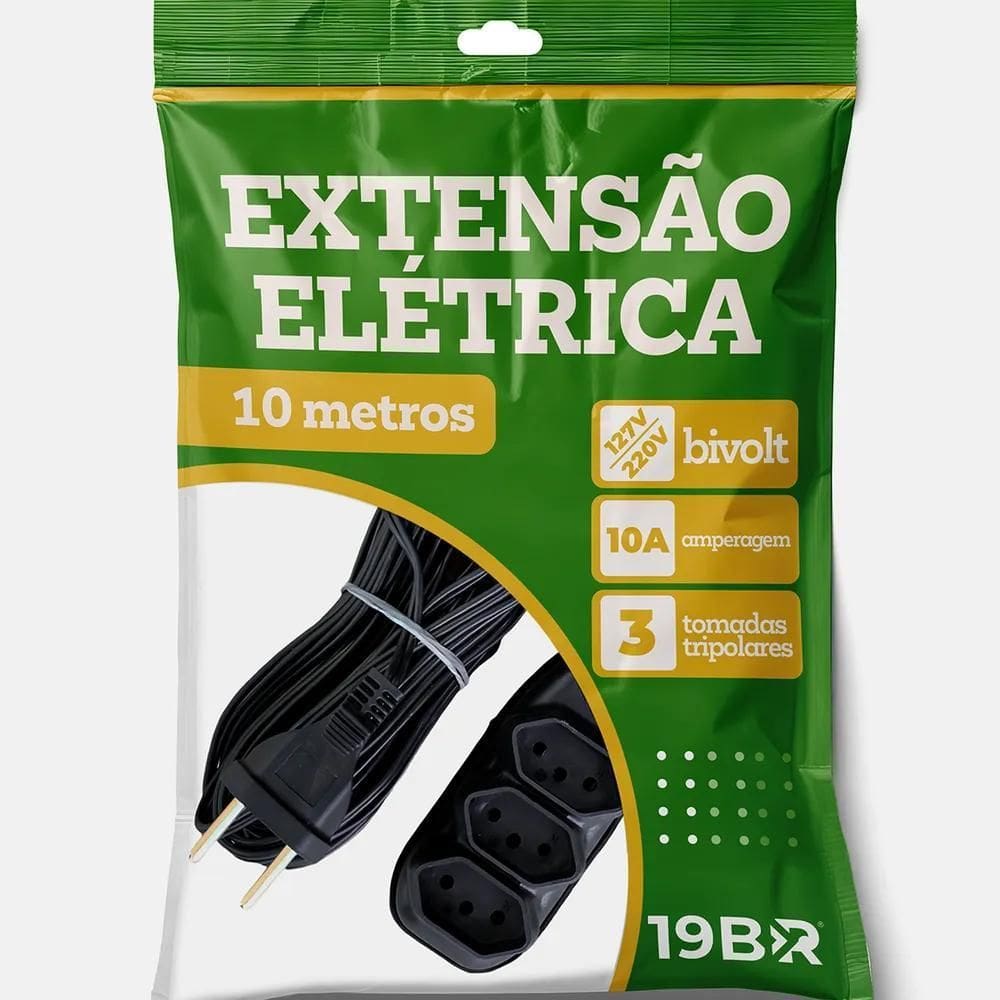 2X Extensão Elétrica 10 Metros Bivolt Preto 3 Tomada Tripo