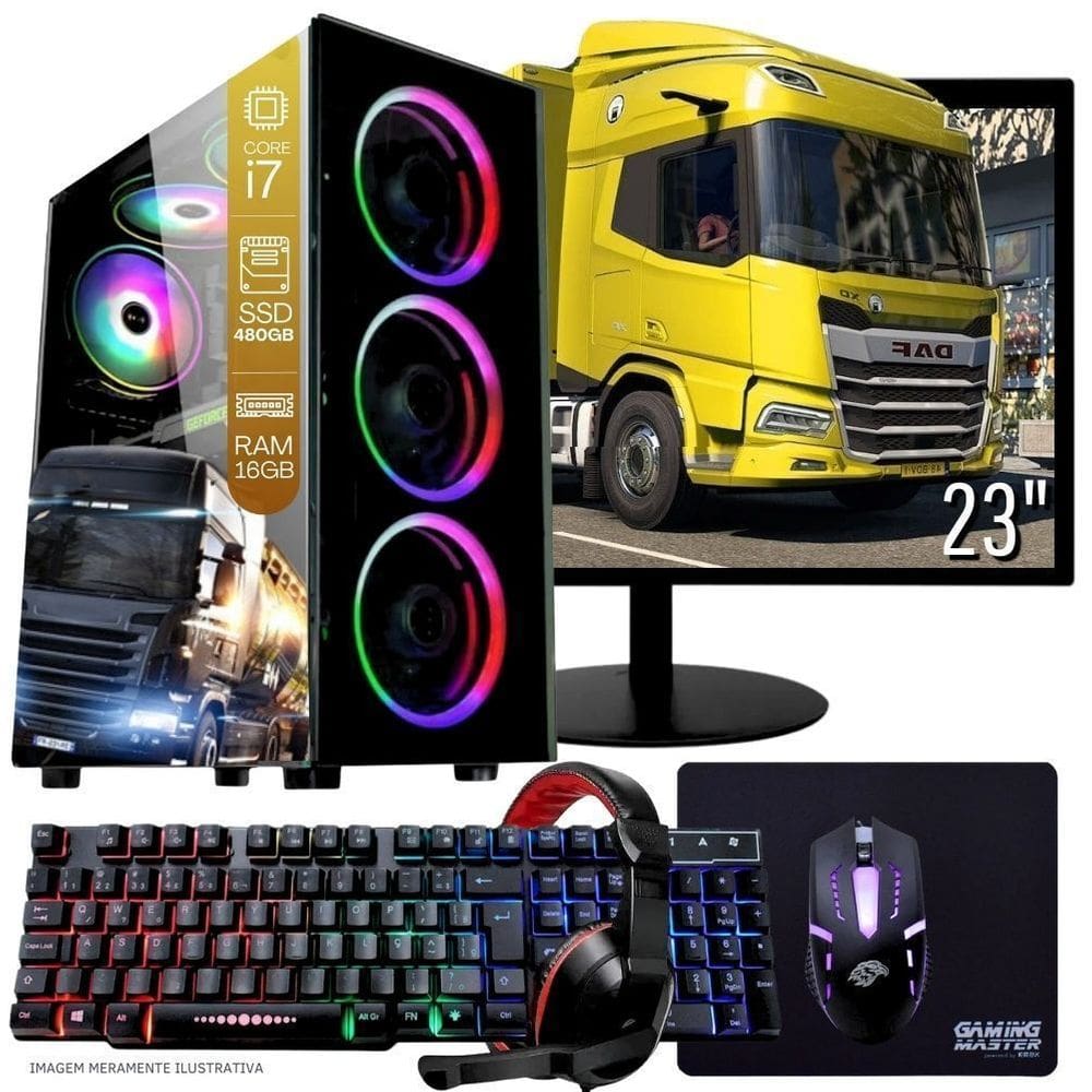 Computador PC Gamer Completo TOB Intel Core i7 SSD 480GB 16GB Teclado Mouse Mouse Pad e Headset Gamer Monitor 23” Windows 10 Pro Trial
