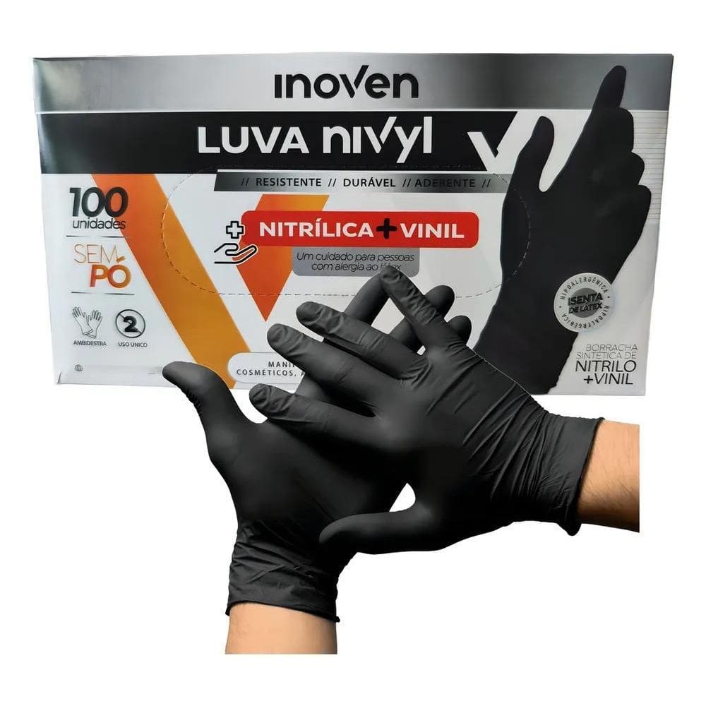 Luva Nítrica Com Vinil Descartável Inoven P M G Preta Manicu