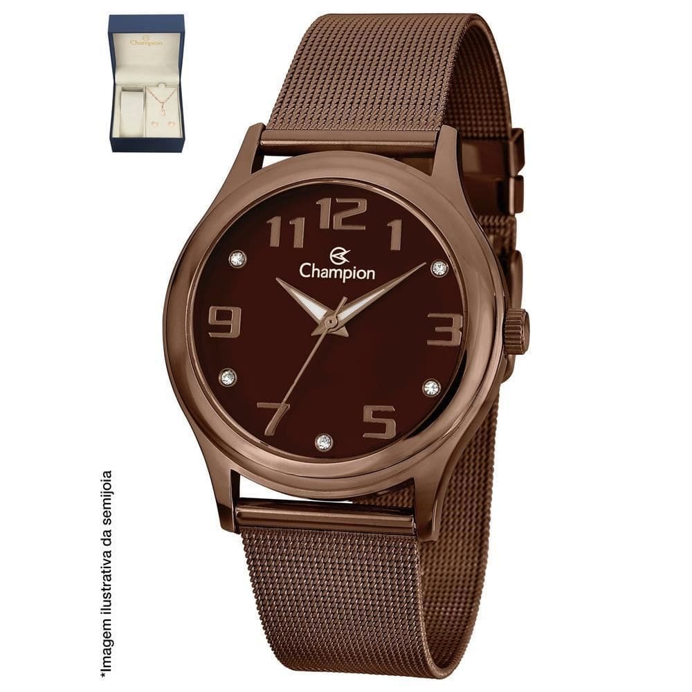 Relógio Champion Feminino Cn29007k Chocolate + Semijoia