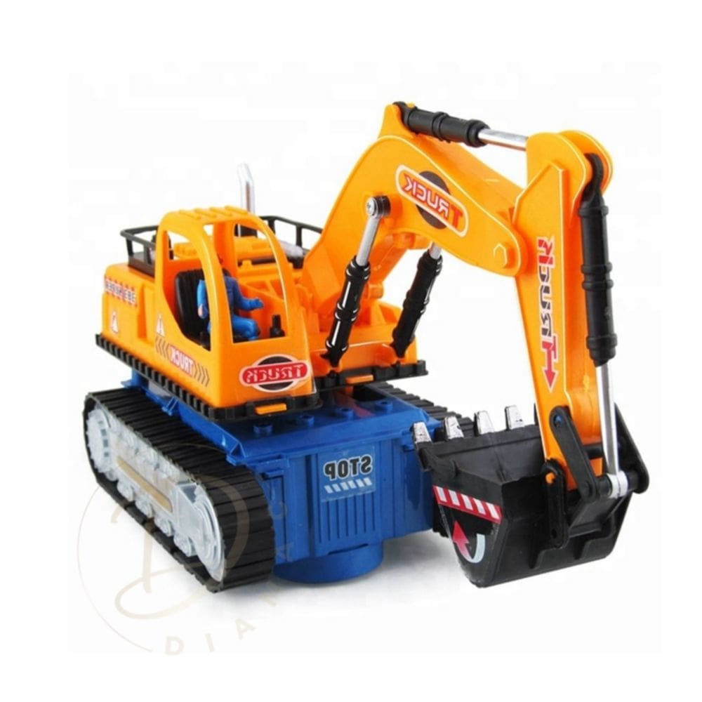 Caminhão retroescavadeira de brinquedo com luz, som e roda giratória para crianças 3