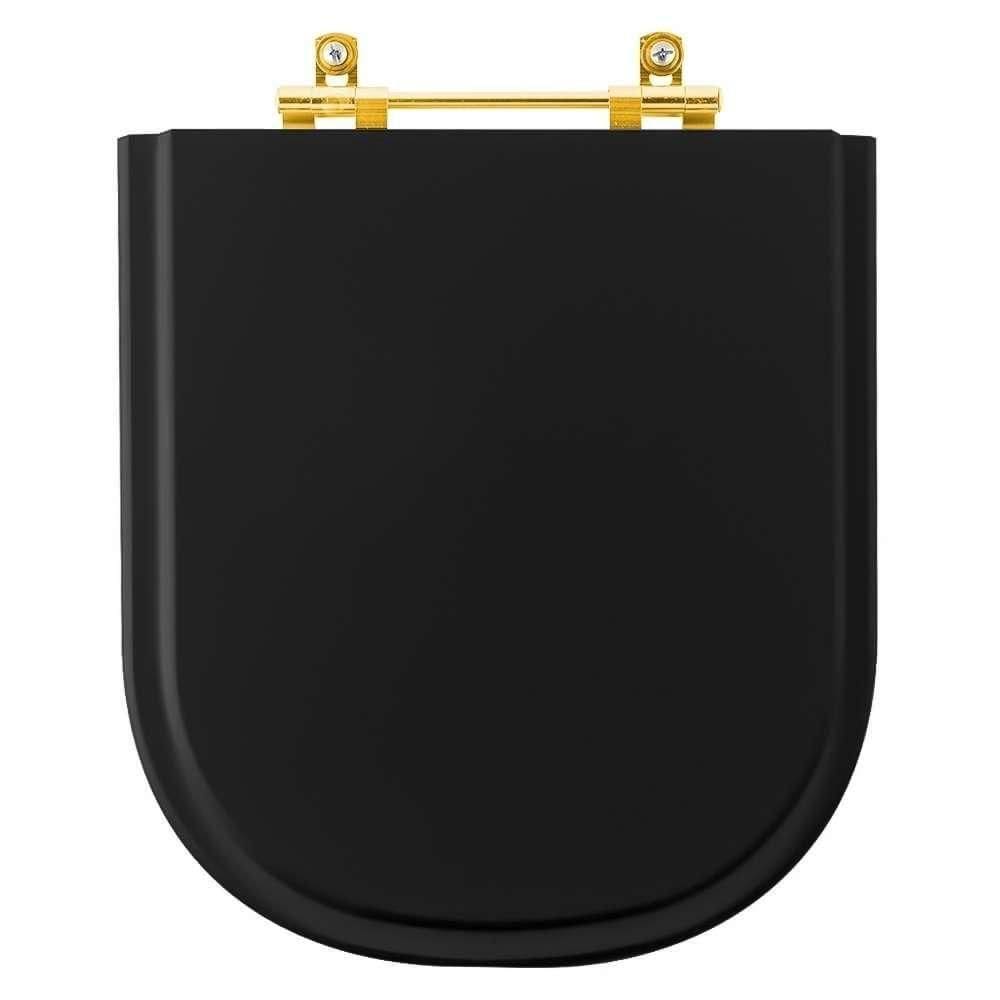 Tampa De Vaso Laqueado Life Preto Para Bacia Celite Com Ferragem Dourada
