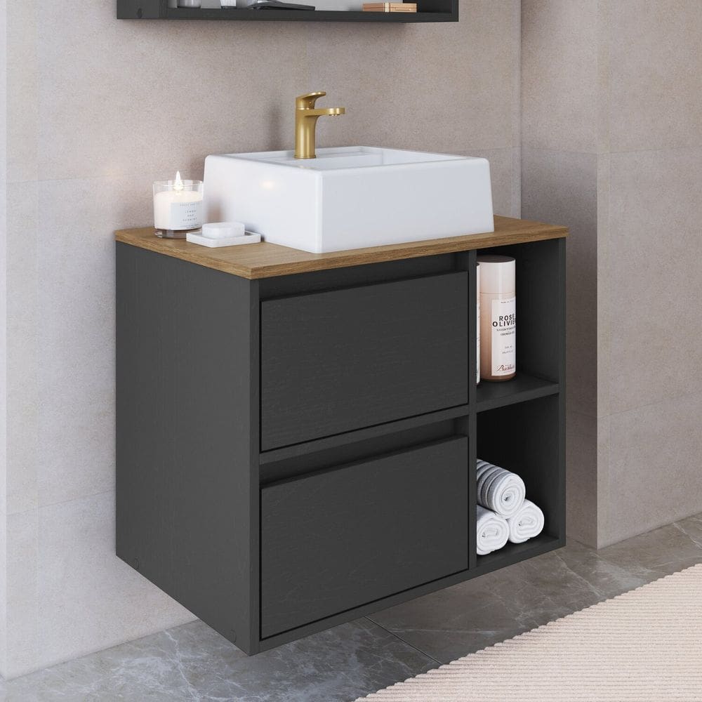 Gabinete de Banheiro Suspenso 60cm com 2 Nichos 1 Porta Basculante e 1 Gaveta com Cuba Bh8005 Mel/Grafite