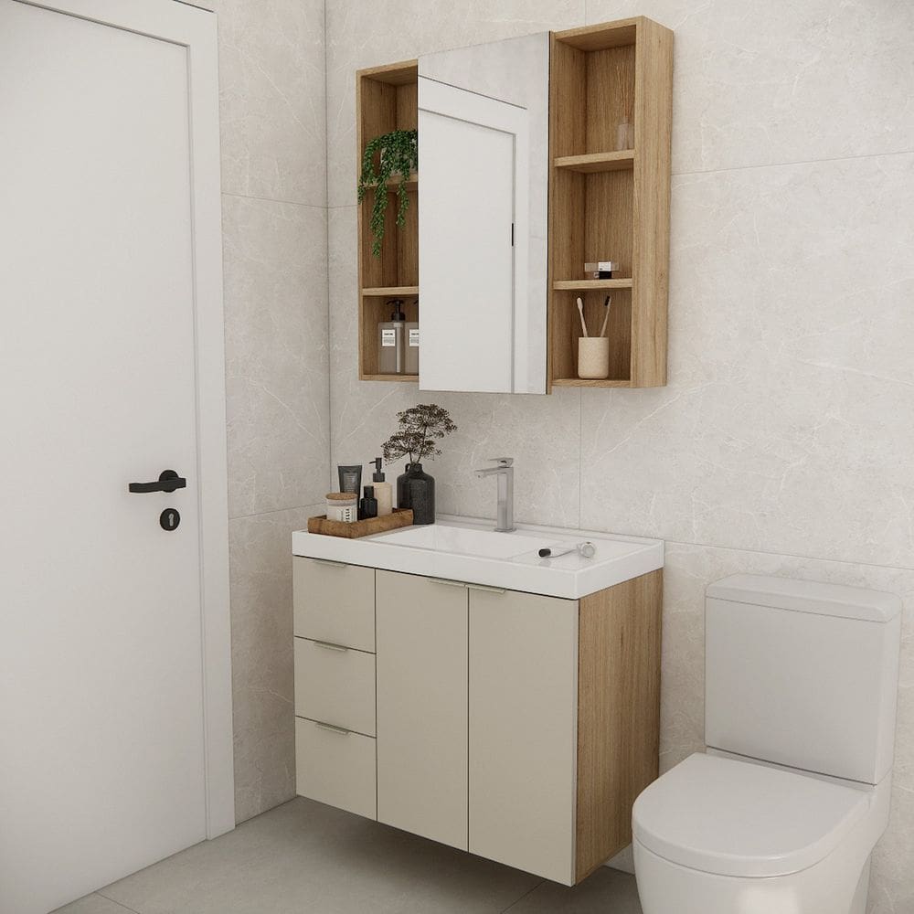 Conjunto de Banheiro com Cuba 80cm Gaveta Esquerda Vittare Carvalho/Nude