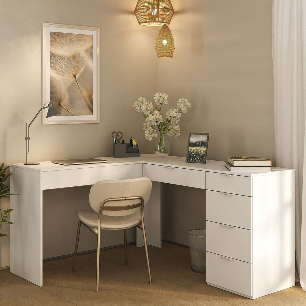 Escrivaninha em L com 5 Gavetas para Escritório Branco