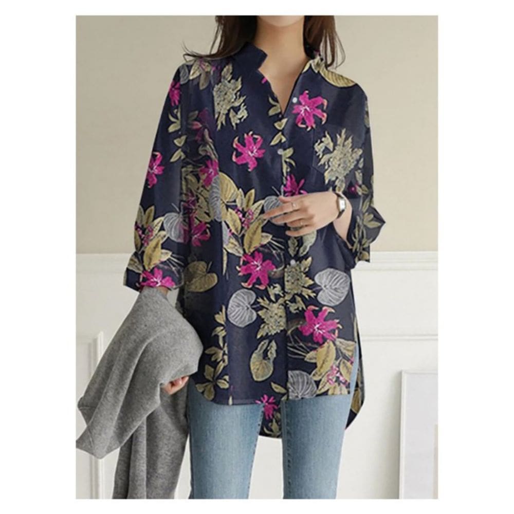 Casaco/jaqueta solta de manga comprida estampada azul para mulheres