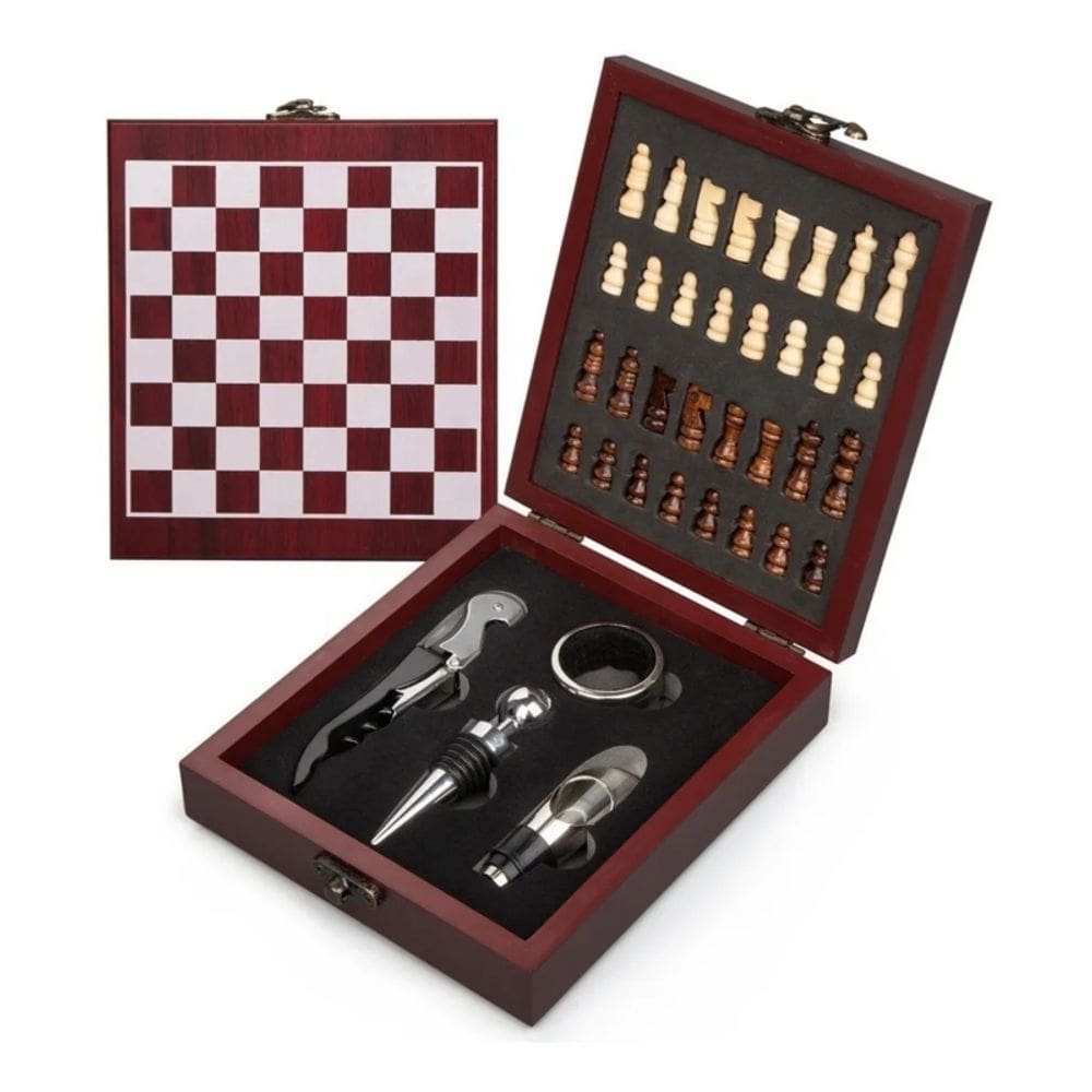 Conjunto de jogo de xadrez com acessórios de vinho em caixa de madeira