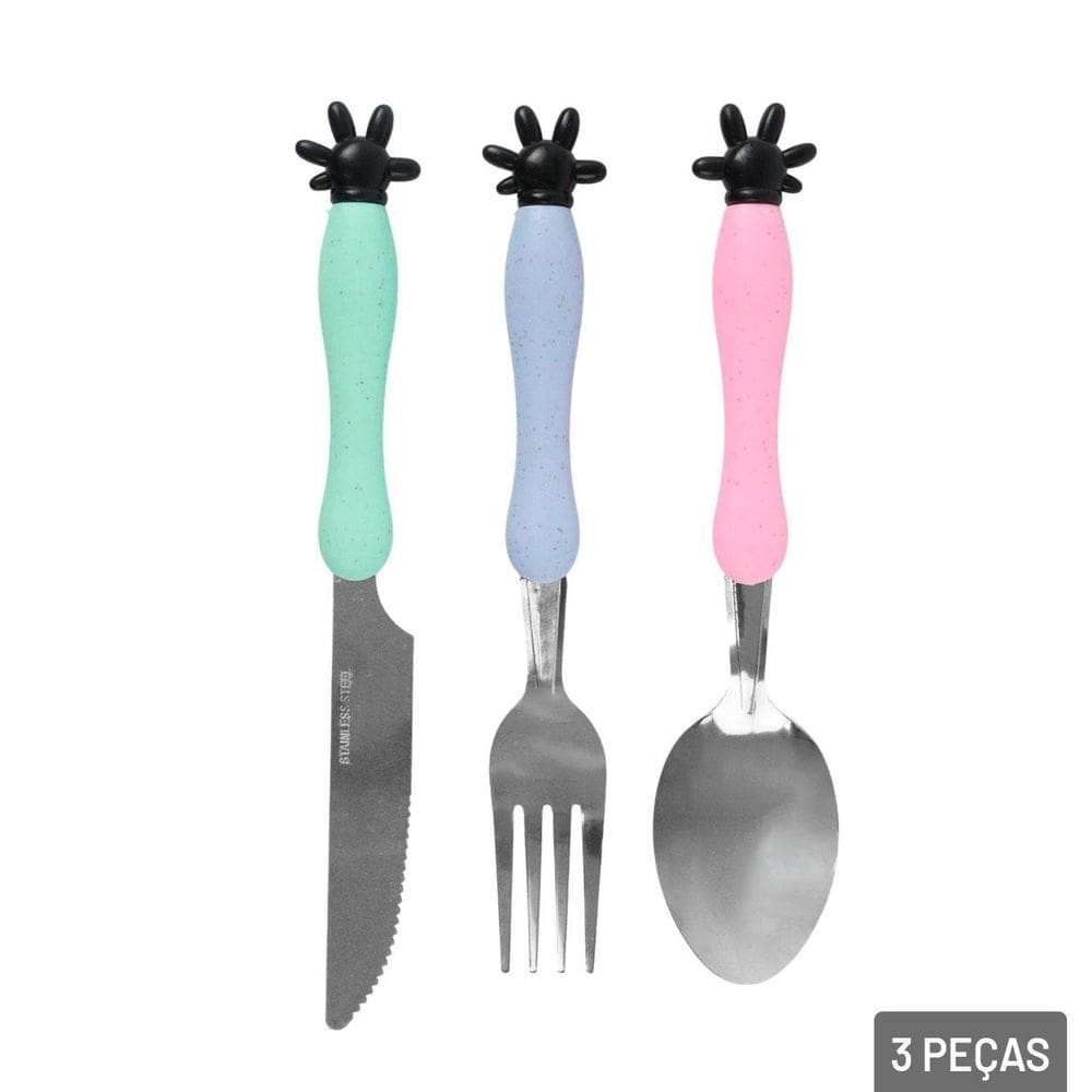 KIT Talher Inox 3 Peças Infantil Mão Color - Tudo em Caixa
