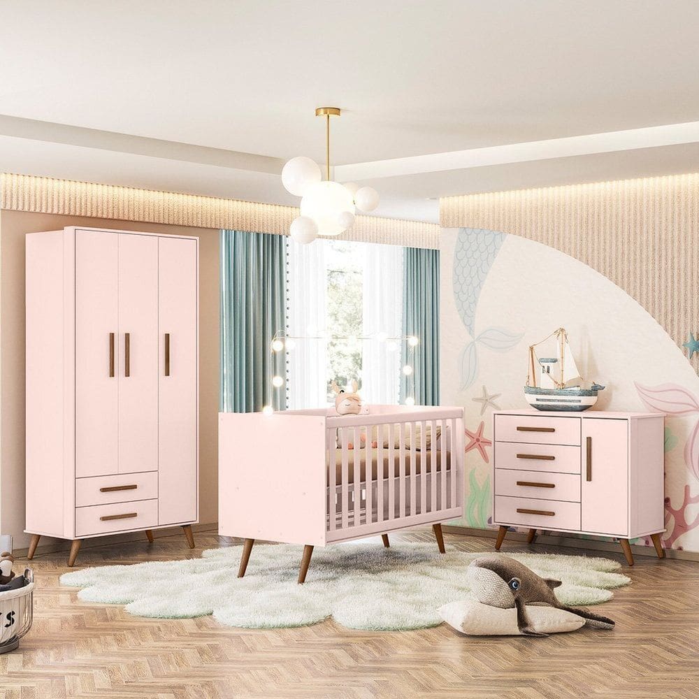 Quarto para Bebê Completo com Roupeiro Cômoda e Berço Q Encanto Retro Rosa Acetinado