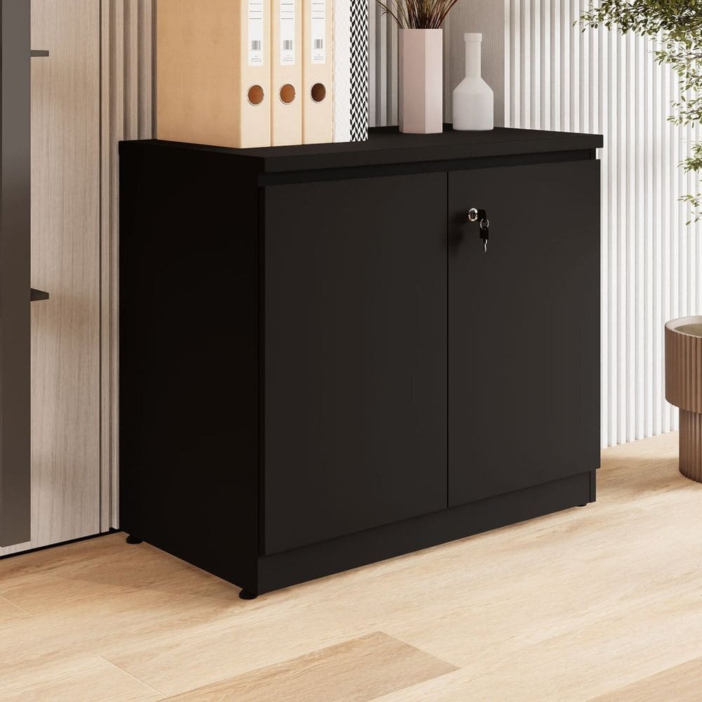 Armário Baixo 80cm para Escritório 2 Portas com Chave Puxadores Cava Corporate Preto