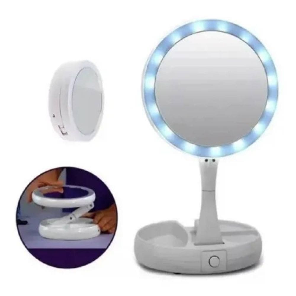 Espelho de maquiagem dobrável com luz LED com ampliação de 10x