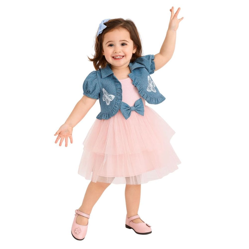 Conjunto Infantil Vestido Rosa Casaquinho Jeans Borboletas