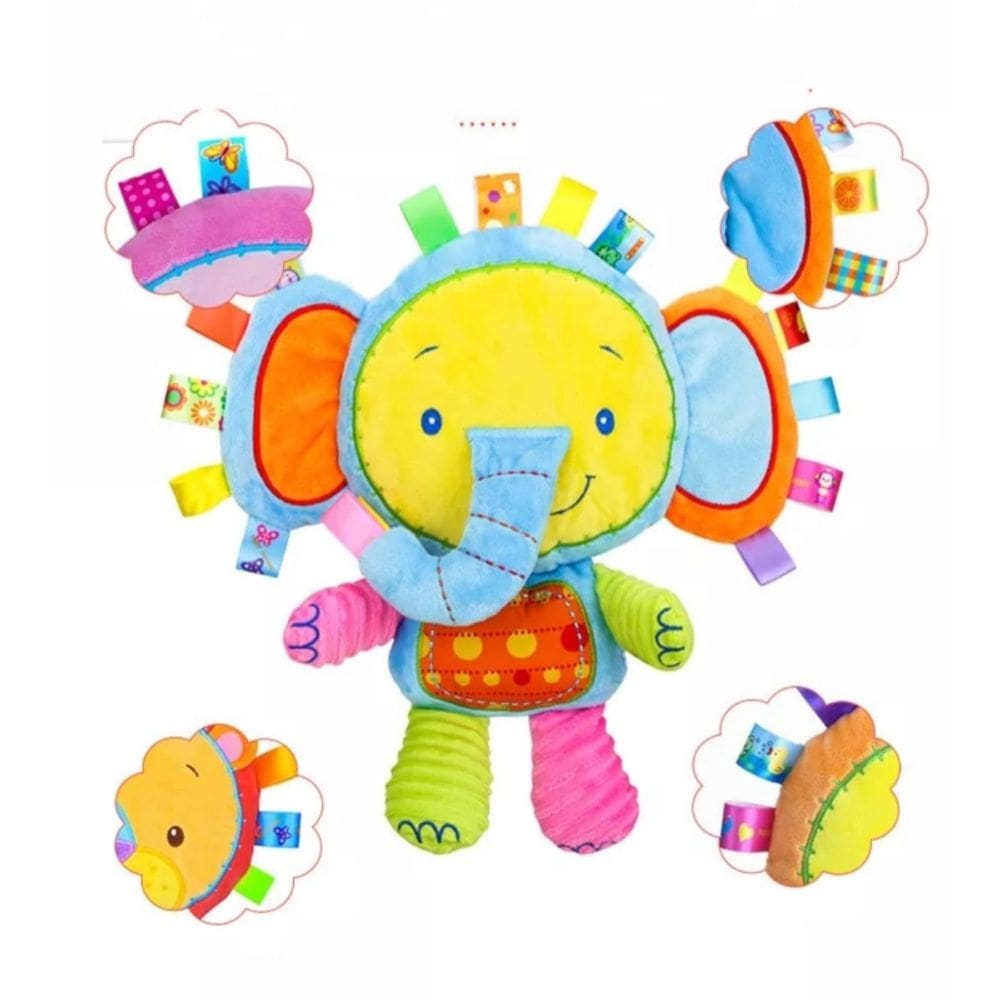 Elefante de pelúcia com acessório sensorial para bebês multitexturizados