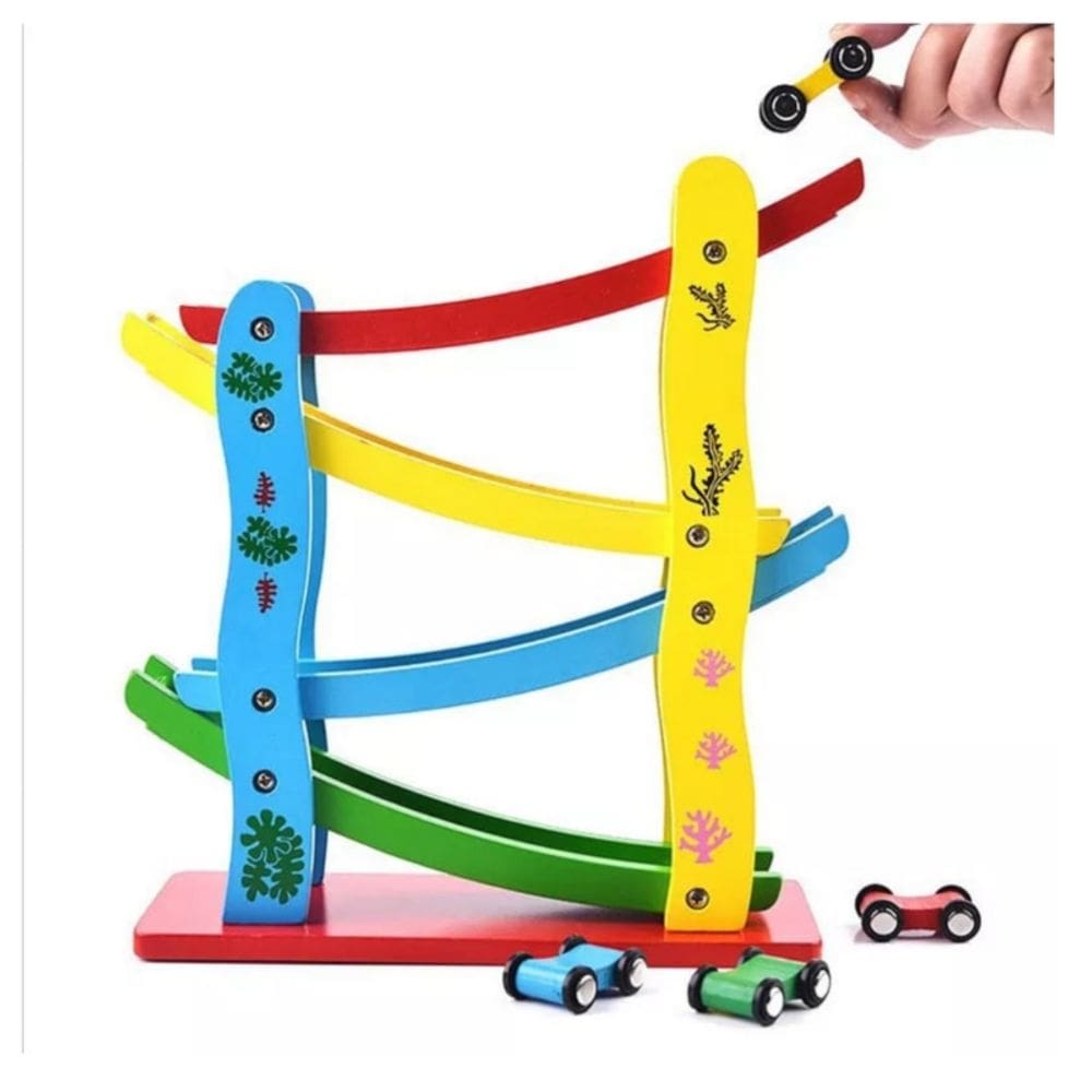 Toy Montessori Auto Track com tema Rainbow de 4 Mini Speed Cars