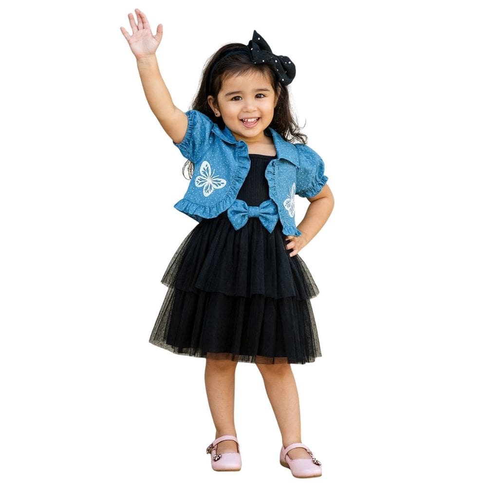 Conjunto Infantil Vestido Preto Casaquinho Jeans Borboletas
