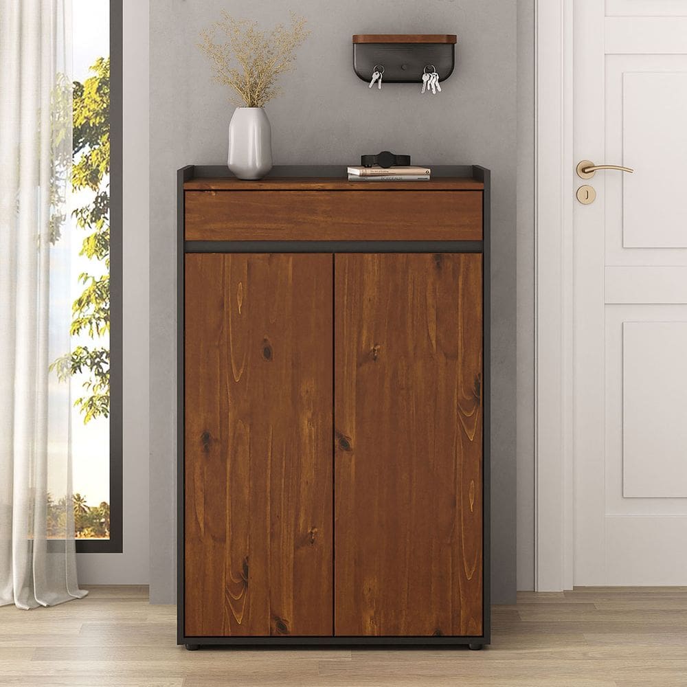 Sapateira de Porta Grande Hall de Entrada Madeira Multiuso Preto Castanho Tilo