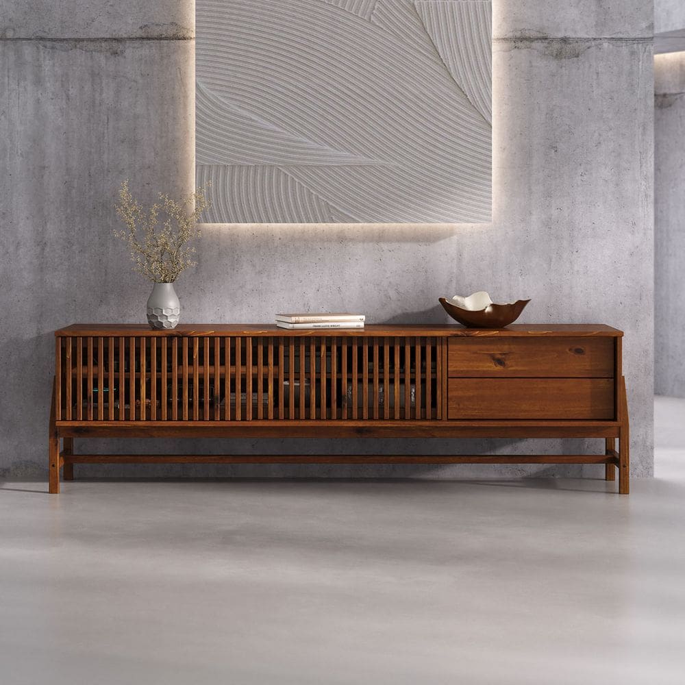 Rack Ripado Para Sala TV 75 Polegadas Minimalista 2 Gavetas Madeira Castanho Adamo