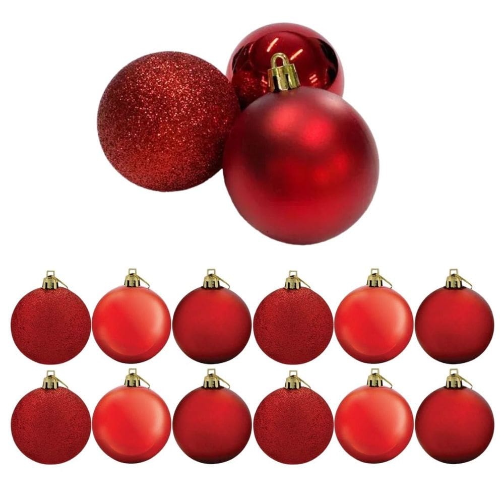 Conjunto 12 Bolas de Natal Vermelho Prime Tradicional Misto Glitter, Brilho e Fosca 6cm