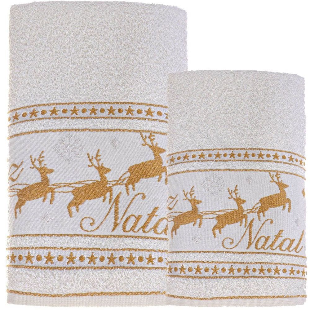 Jogo 4 Pçs Toalha de Banho e Rosto Feliz Natal 90% Algodão 400g/m²