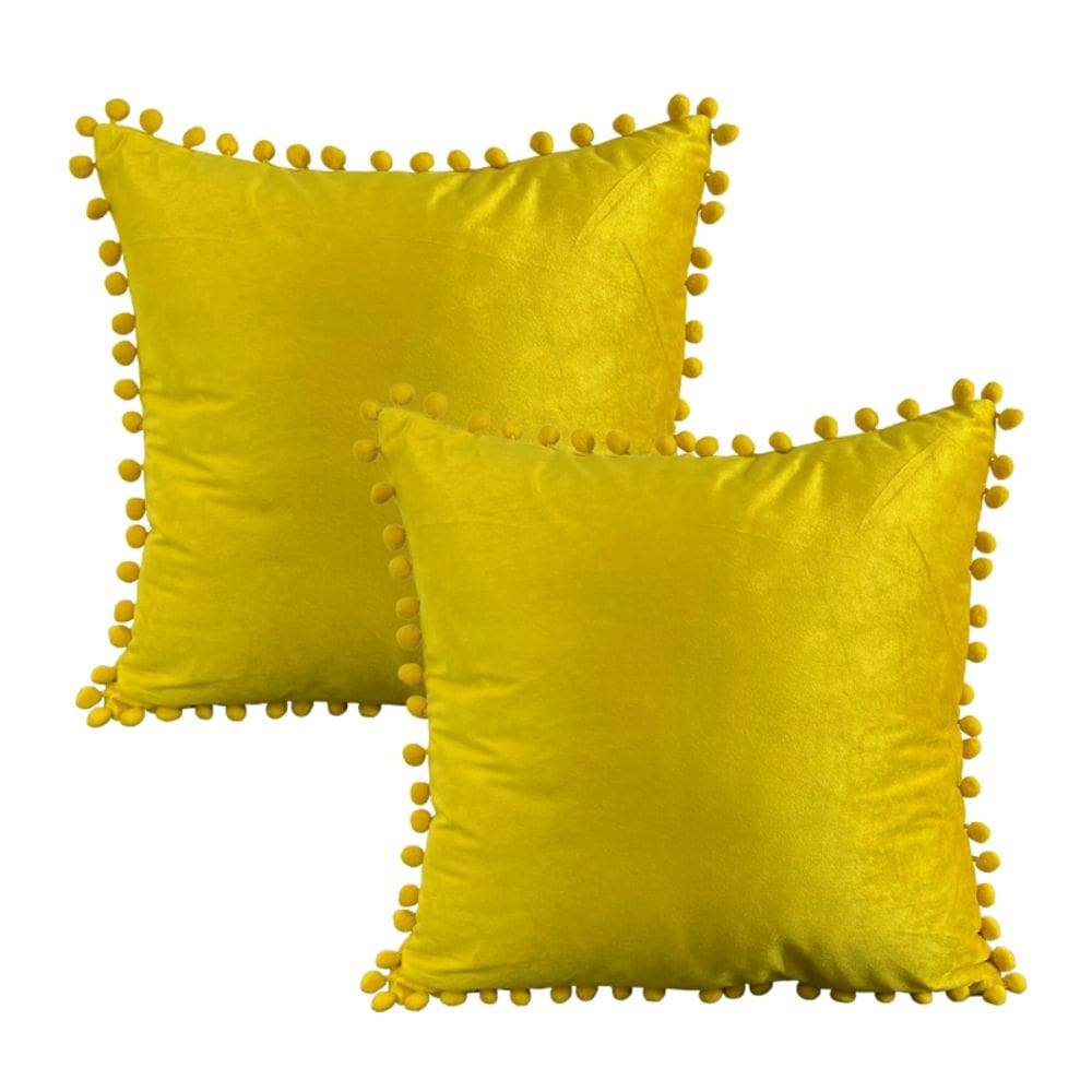 Capa de almofada de veludo com franjas, pompons, 45 x 45 cm, amarela, pacote com 2