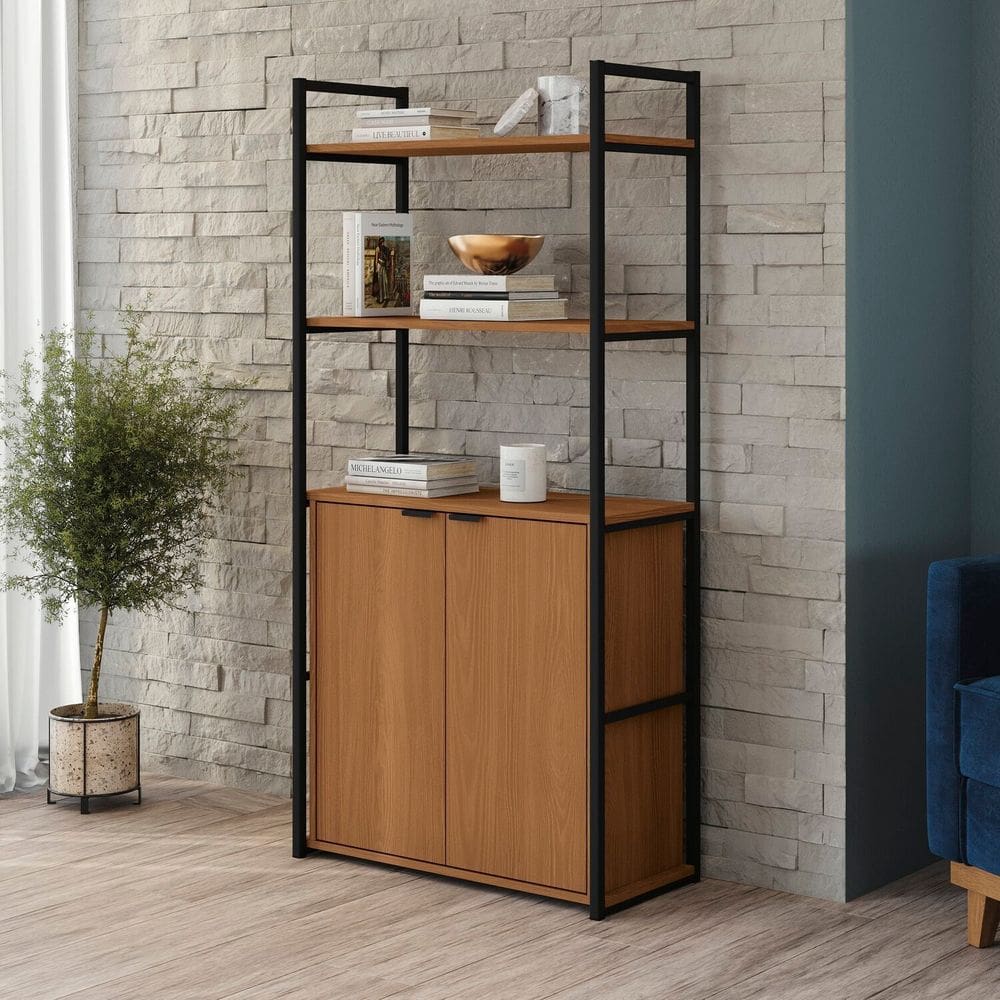 Estante Alta para Livros com 2 Portas Industrial Canela/Preto Fosco