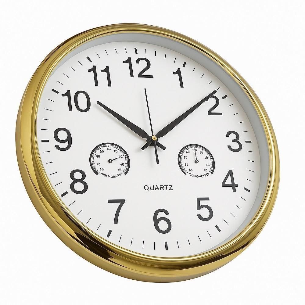Relógio Analógico De Parede Termômetro E Higrômetro Decorativo Design Elegante Ambientes Casa Sala Dourado