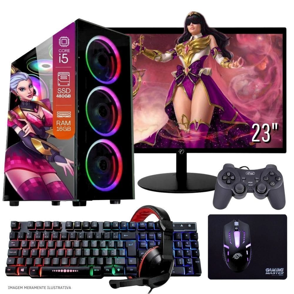 Computador PC Gamer Completo TOB Intel Core i5 SSD 480GB 16GB Teclado Mouse Mouse Pad e Headset Gamer Joystick Monitor 23” Windows 10 Pro Trial