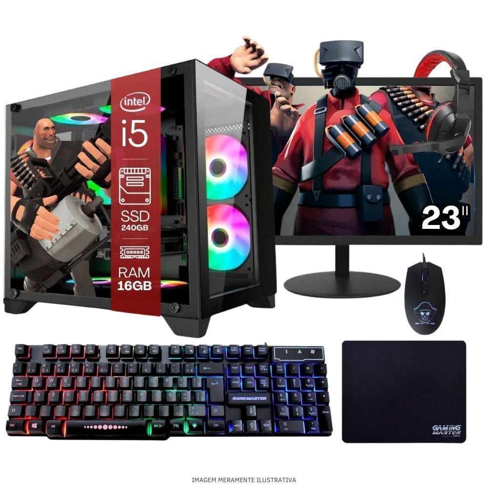 Computador Pc Gamer Completo Tob Intel Core I7 Ssd 240Gb 16Gb Gabinete Aquário Teclado Mouse Mouse Pad E Headset Gamer Monitor 23” Windows 10 Pro Tria