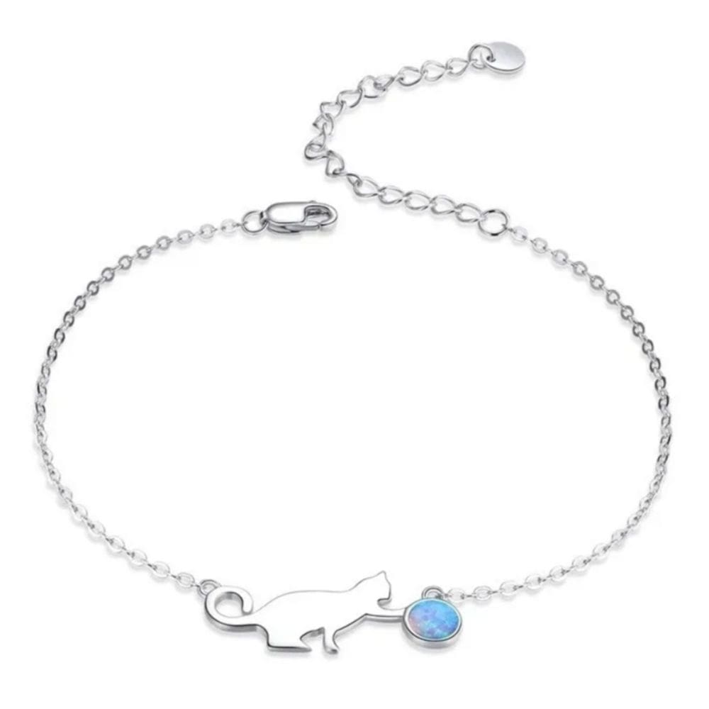 Pulseira de prata 925 Opal Cat para mulheres com caixa de presente