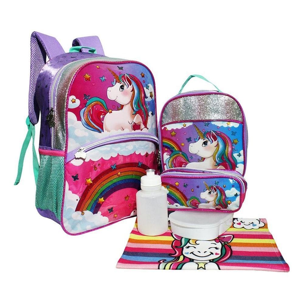 Kit Mochila Unicórnio 3D Feminina Escolar Costas Lancheira