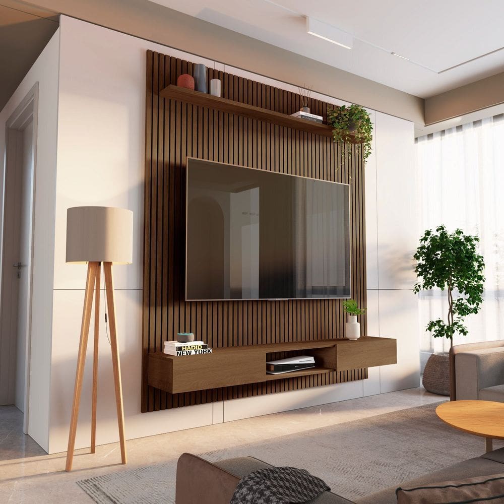 Rack com Painel Ripado para Tv até 72 Polegadas 185x250cm 100% Mdf Aloe Cabecasa Madeiramadeira Cedro