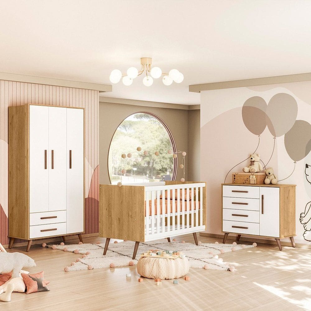 Quarto para Bebê Completo com Roupeiro Cômoda e Berço Q Encanto Retro Freijo Toq / Branco Acetinado