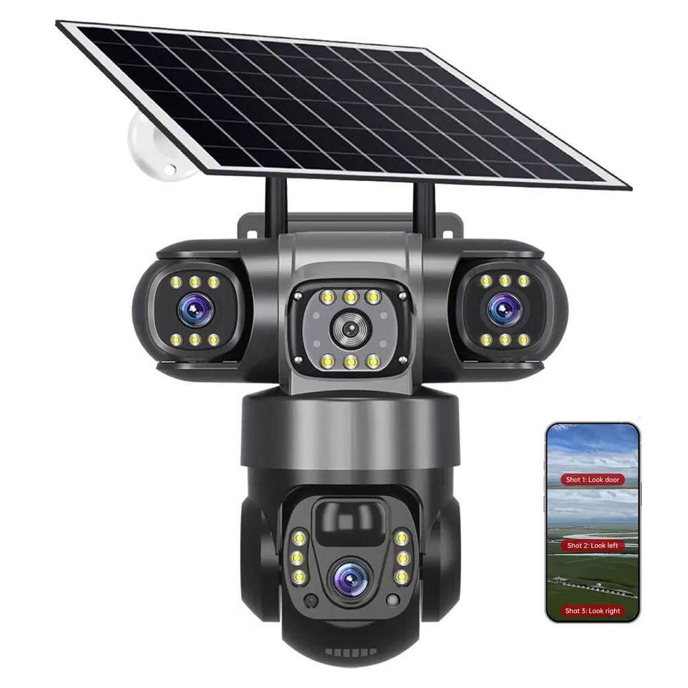 Camera de Segurança Placa Solar Lente Tripla WiFi 360 Graus HD App Sensor Movimento Visao Notura Panoramica Vigilancia