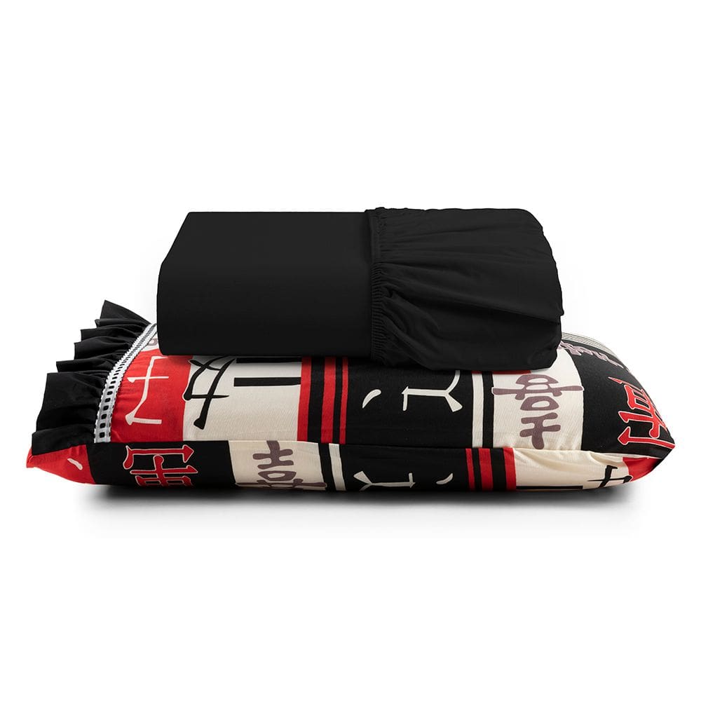 Jogo Cama Lençol Fiore Solteiro Estampado 180 Fios 100% Algodão com Babadinho 2 Peças Preto Oriental Japonês