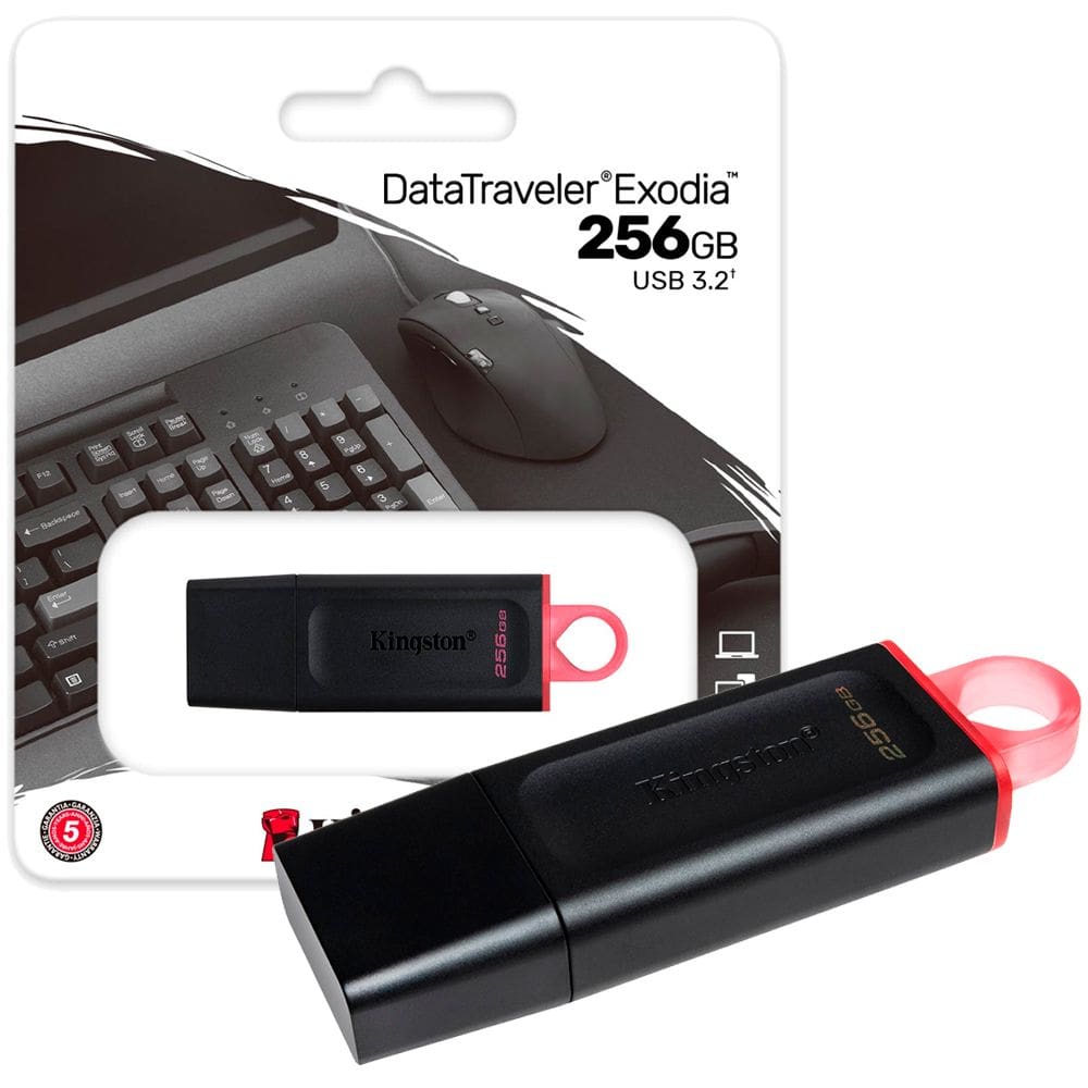 Pen Drive Kingston DataTraveler Exodia 256GB USB 3.2 Gen1, com Tampa Protetora, Preto - DTX/256GB