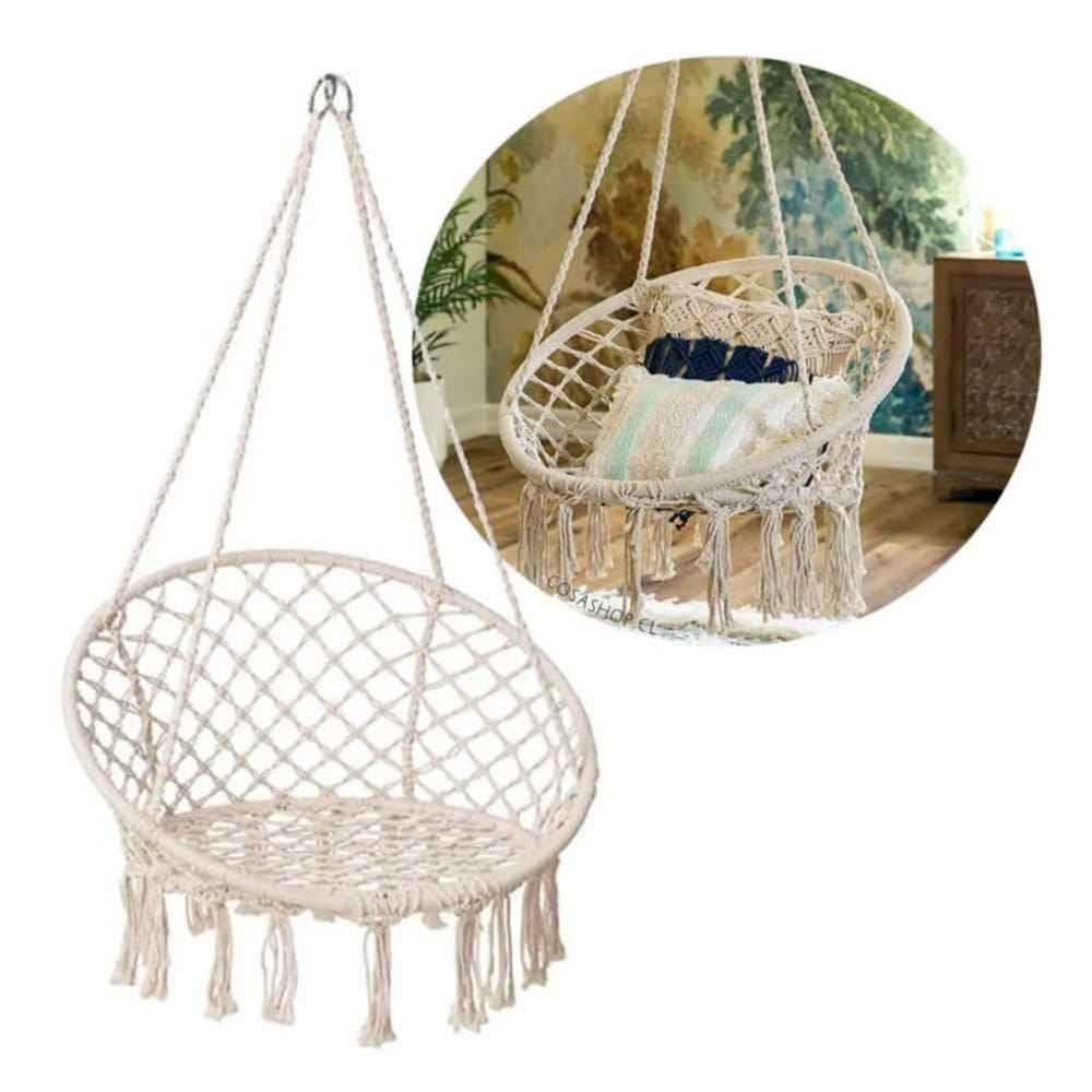 Tecido de macramê Hanging Swing, bege, redondo para adultos e crianças
