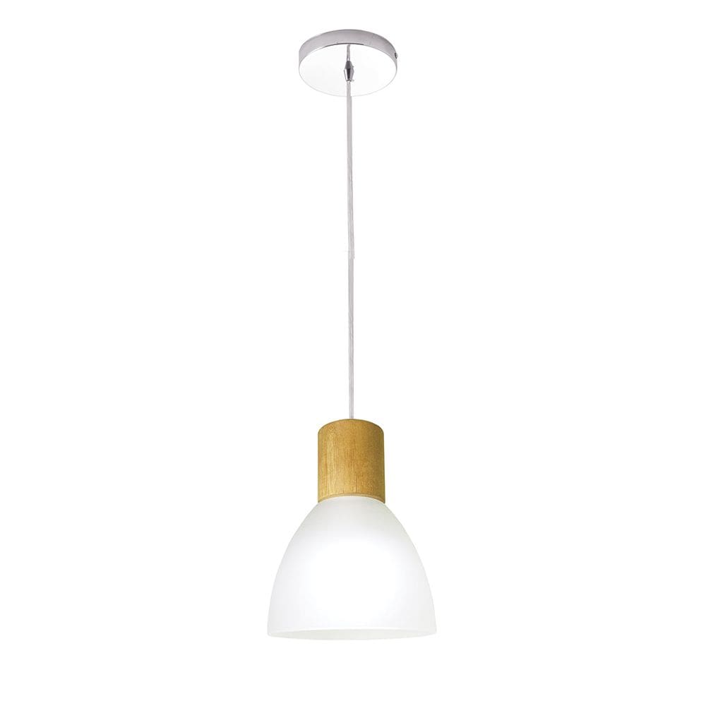 Pendente em Vidro Anello Wood Branco Detalhe Madeira 1 Lâmpada E27 Bivolt
