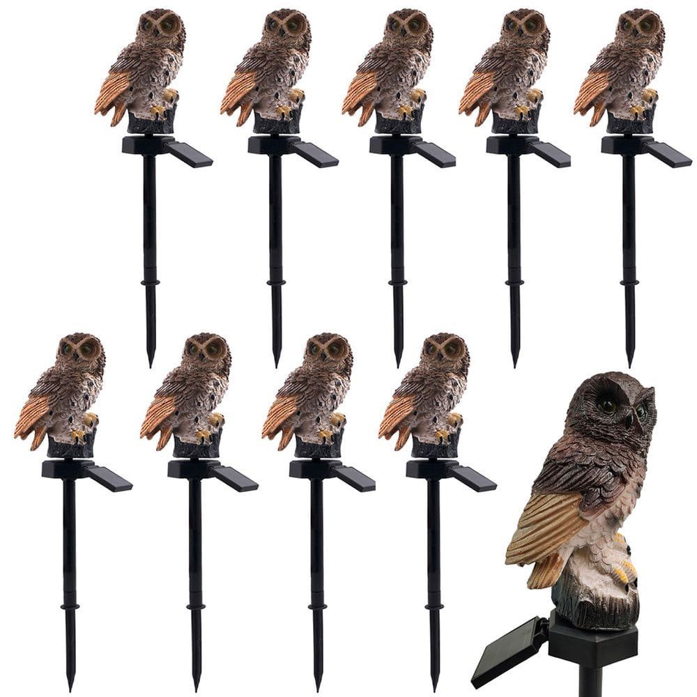 Coruja Lumianaria Solar Escultura Led Kit 10 Uni Decoraçao Ave Enfeite Quintal Jardim