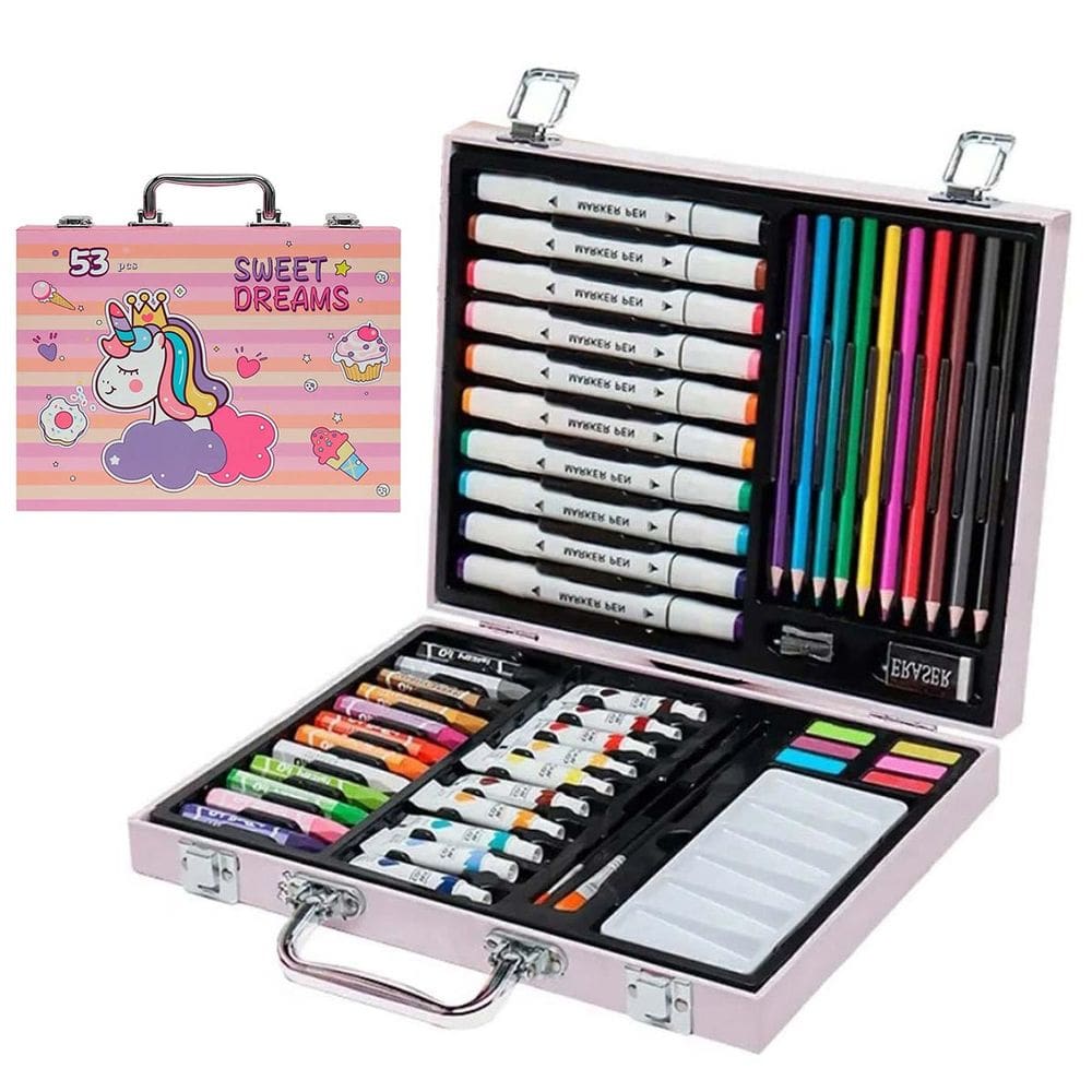 Maleta de Pintura Infantil Criança Estojo 53 Peças Tinta Lapis de Cor Canetinha