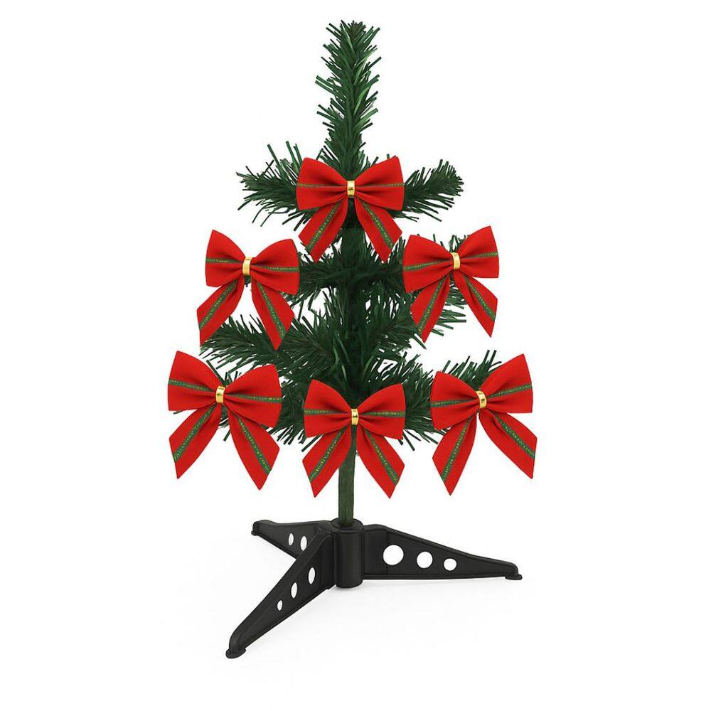 Mini Árvore de Natal Decorada 30cm com 6 Laços Vermelho e Verde Galão