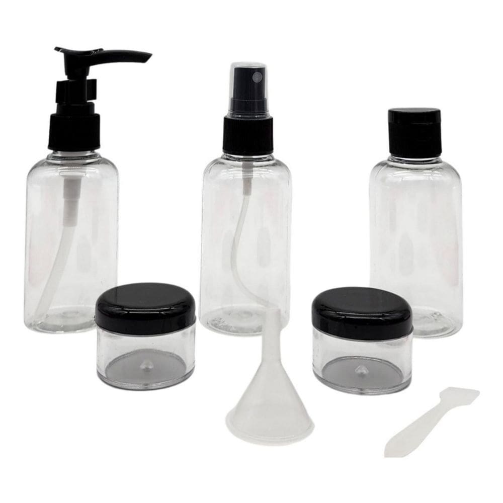 Kit de viagem: conjunto de garrafas, 6 peças, 75 ml, pretas, com tampa transparente