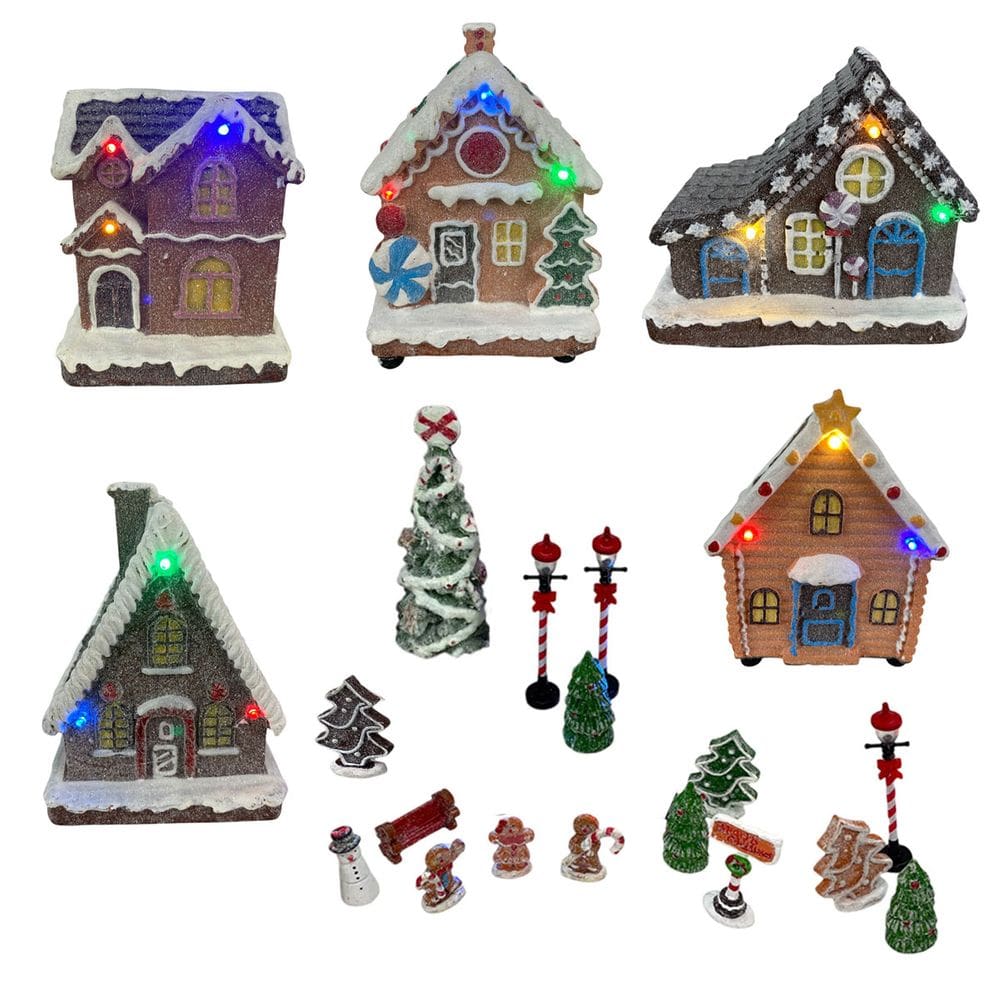Cenario Vila Natalina Natal Casinha de Biscoito Luz LED Boneco de Neve Enfeite Mesa Estante Fim de Ano Decoraçao