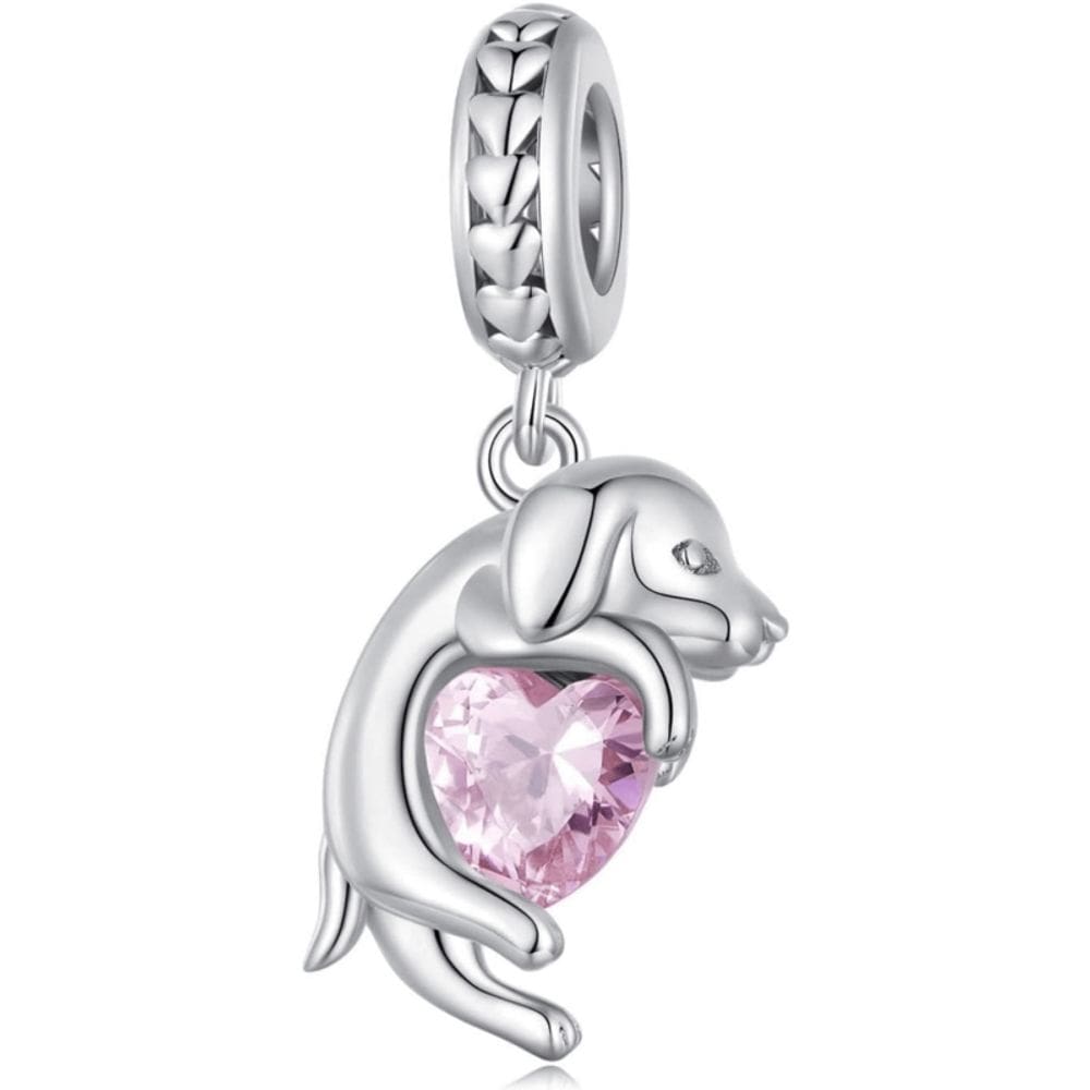 Charm Silver DOG Over Pink Heart para pulseira