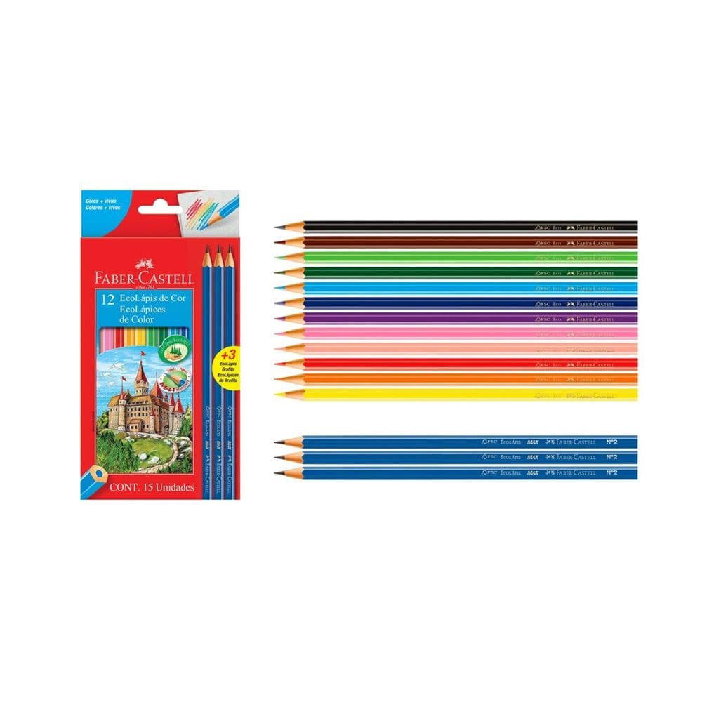 Lápis de Cor Sextavado 12 Cores + 3 Grafites - Faber Castell