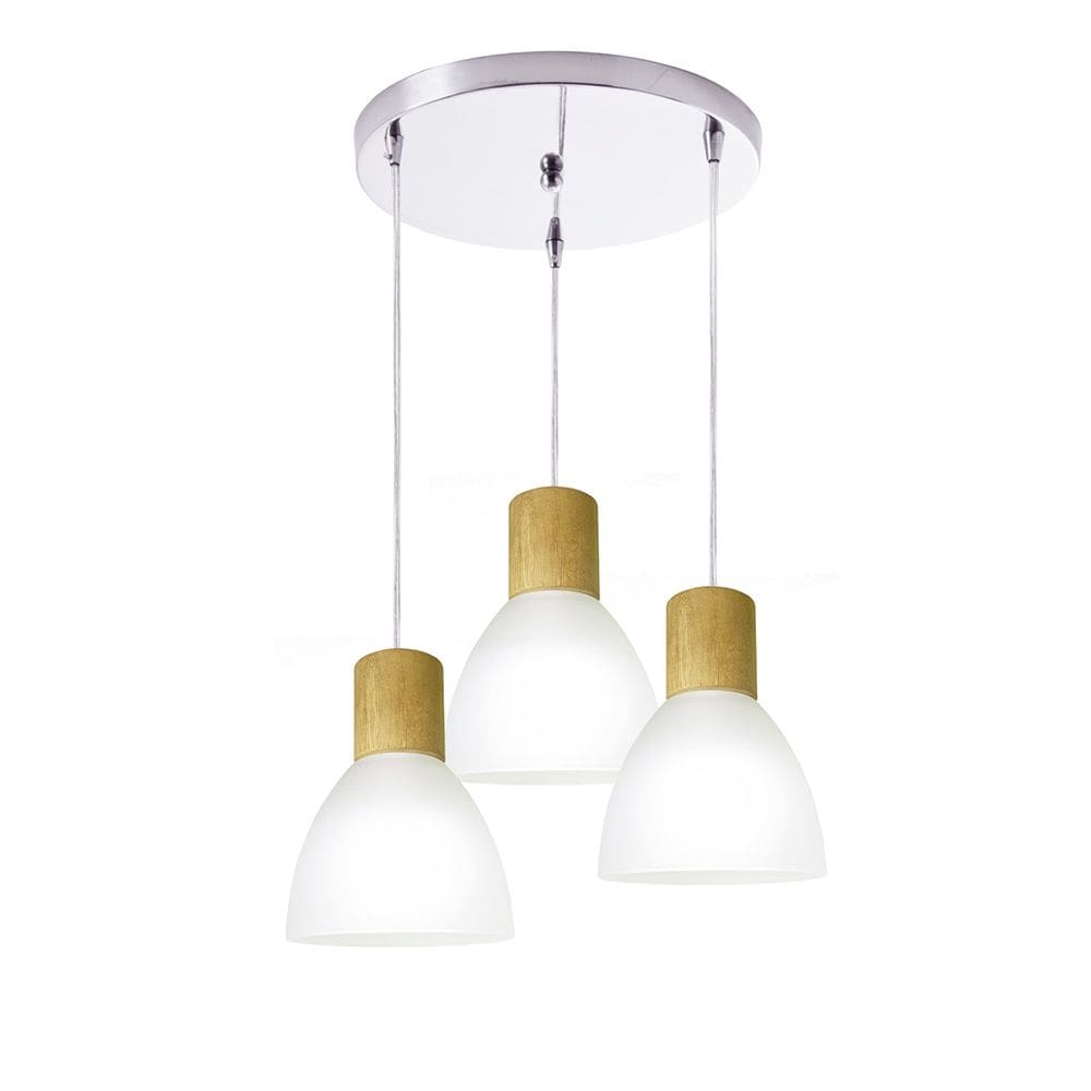 Pendente em Vidro Anello Wood Branco Detalhe Madeira 3 Lâmpadas E27 Bivolt