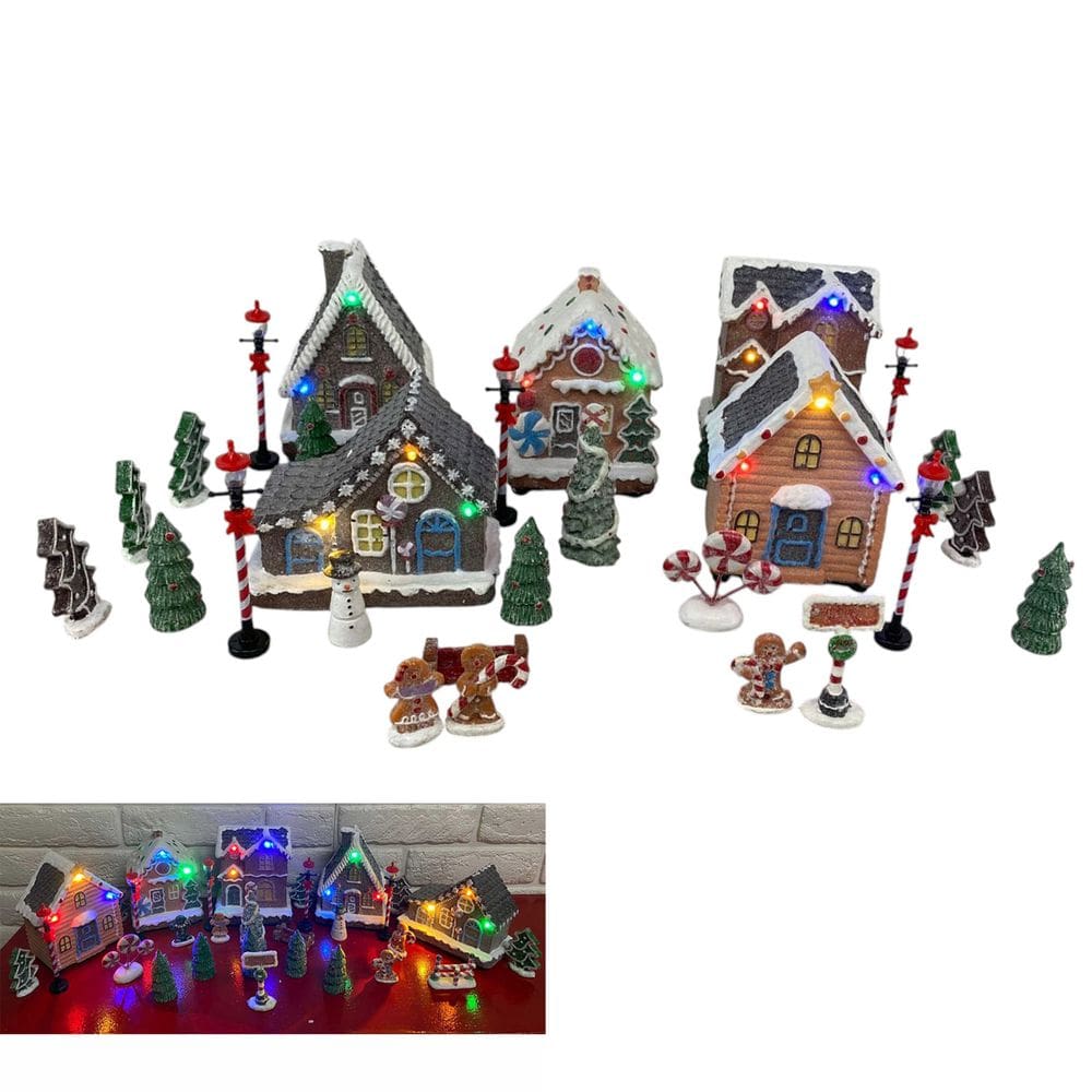 Cenario Vila Natal Natalino Casa de Biscoito Boneco de Neve Luz Led Arvore Enfeite Mesa Estante Fim de Ano Festa