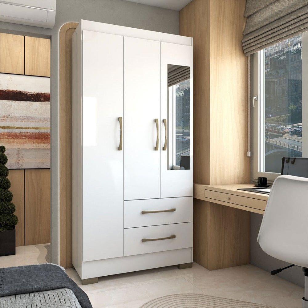 Guarda-Roupa Solteiro Florença 3 Portas 2 Gavetas com Espelho Branco - Panorama Móveis