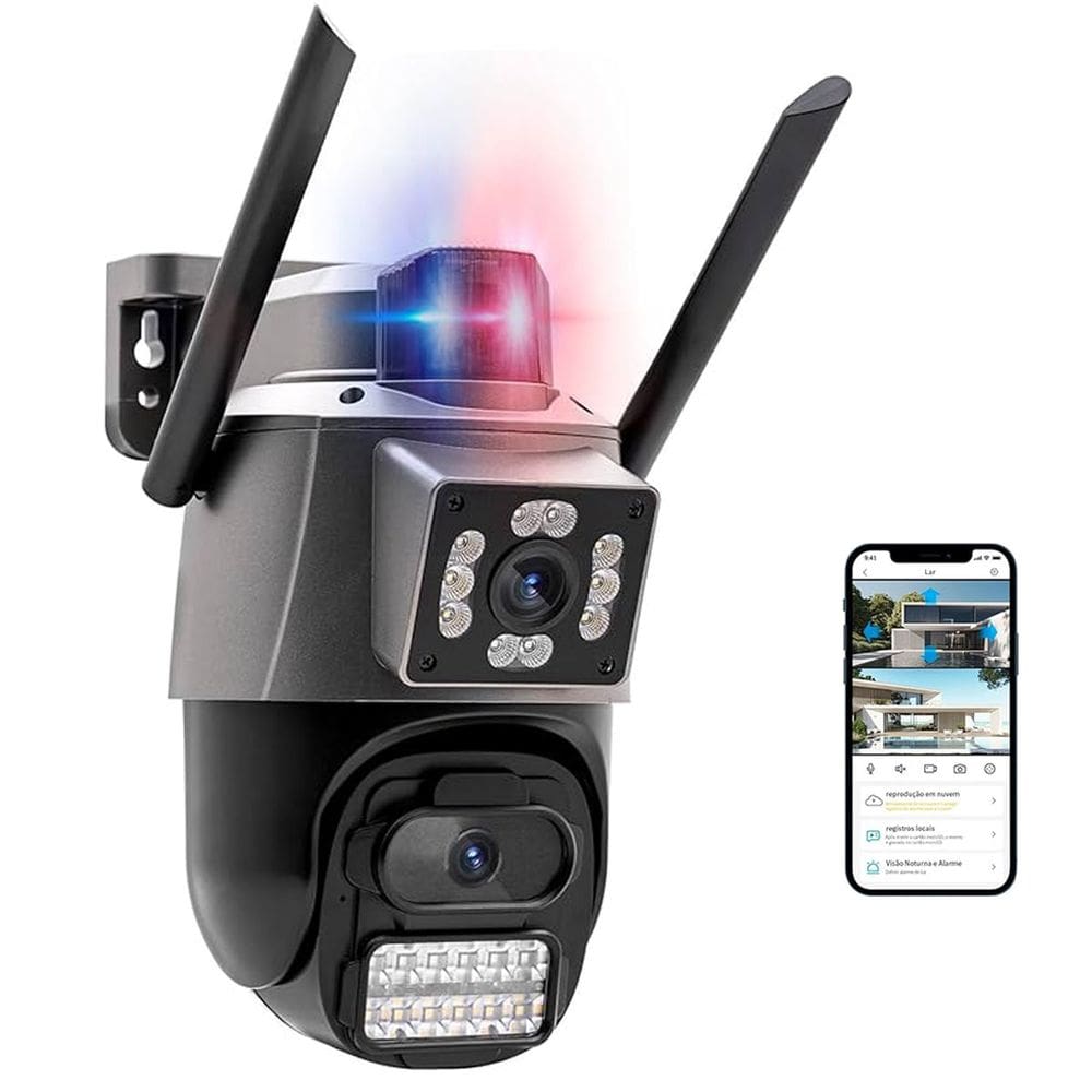 Camera de Segurança Dual Lente Wifi App Duas Lentes Sirene Alarme Sensor Movimento Visao Noturna Microfone Alto Falante